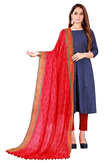 Red Color Kalamkari And Floral Printed Chiffon Dupatta With Tassels